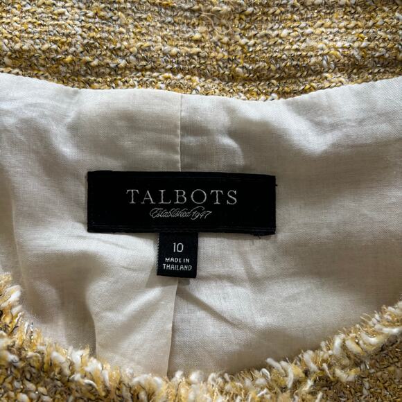 Talbots Women Size 10 Gold Fringe Tweed Pocket Cropped Metal Crest Button Blazer - Picture 3 of 10